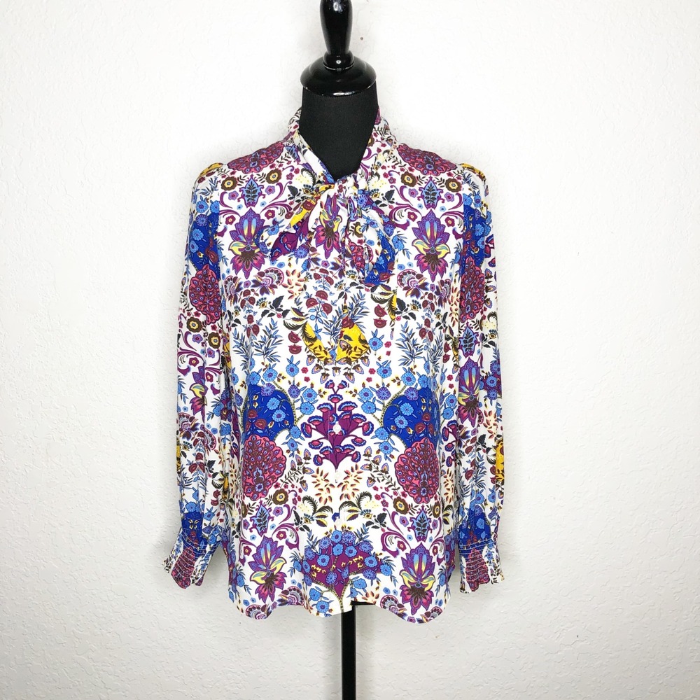 Talbots Petite Medium Floral Paisley Tie Neck Blouse Multi Color Smocked Cuff